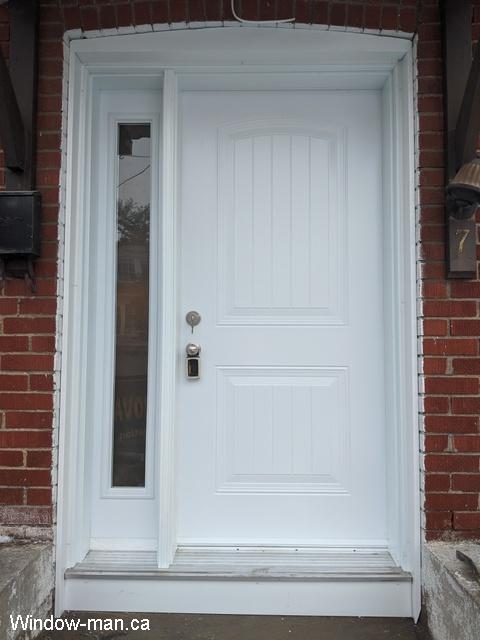 Single insulated steel front entry door with one sidelight. Two panel plank door. Acid etched privacy glass. Professionally installed